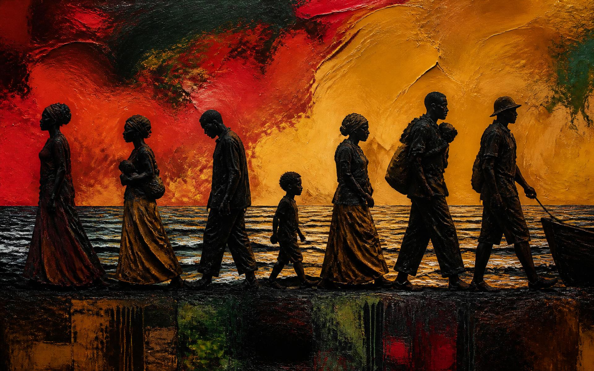 Painting of silhouetted figures walking along a shoreline against a red and ochre sky.