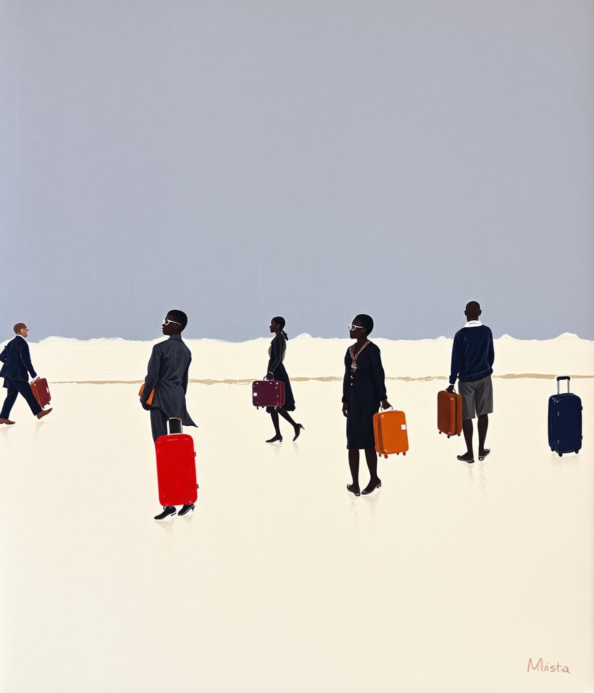 Painting of figures standing apart with suitcases against a pale horizon.