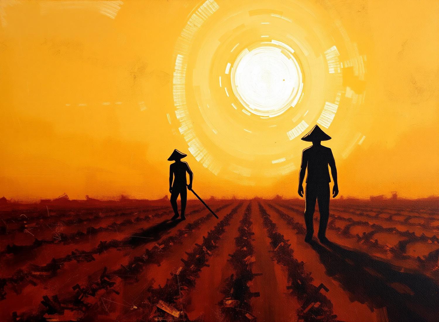 Painting of two figures standing in cultivated rows beneath a blazing sun.