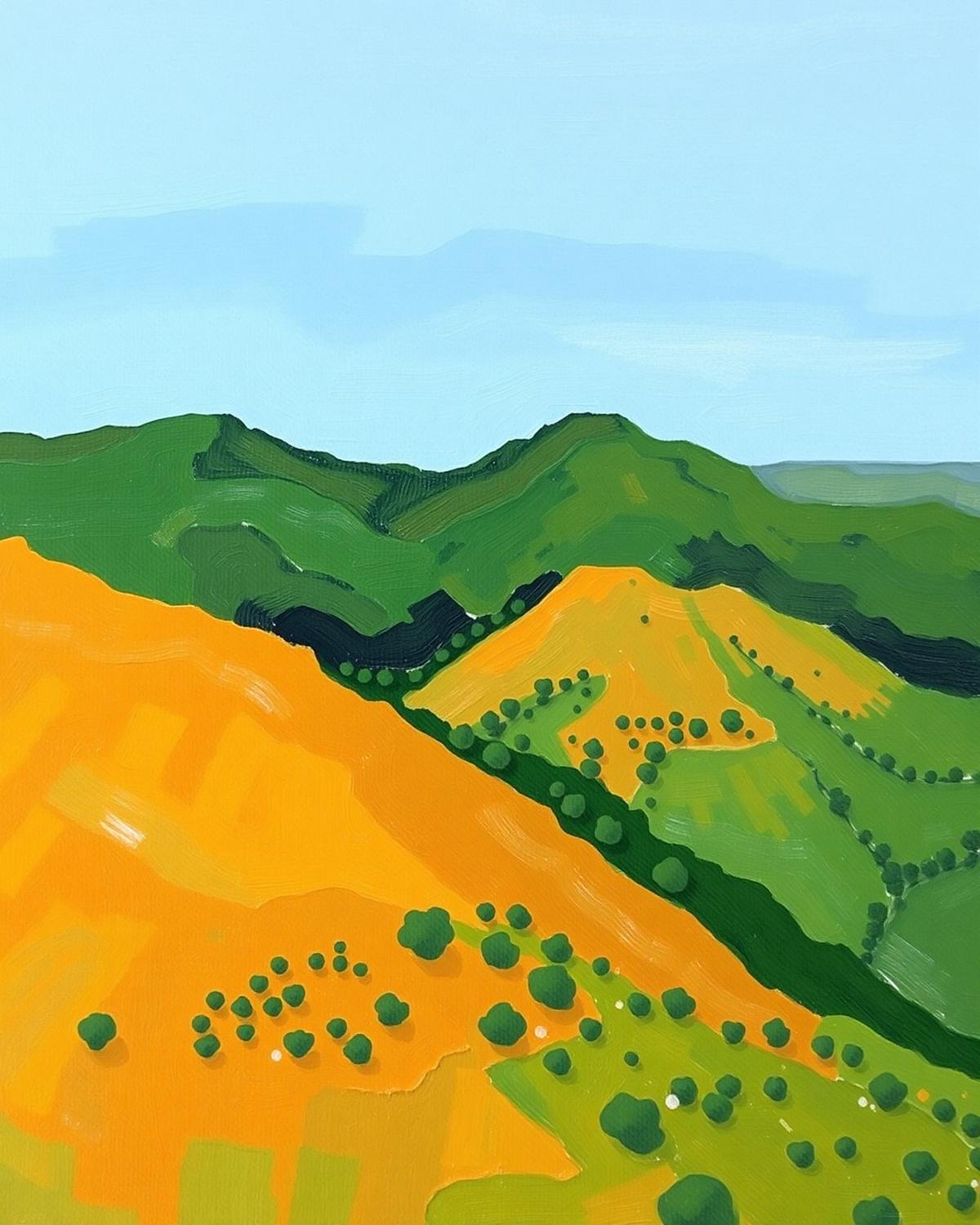 Painting of green and ochre Jamaican hills beneath a pale blue sky.
